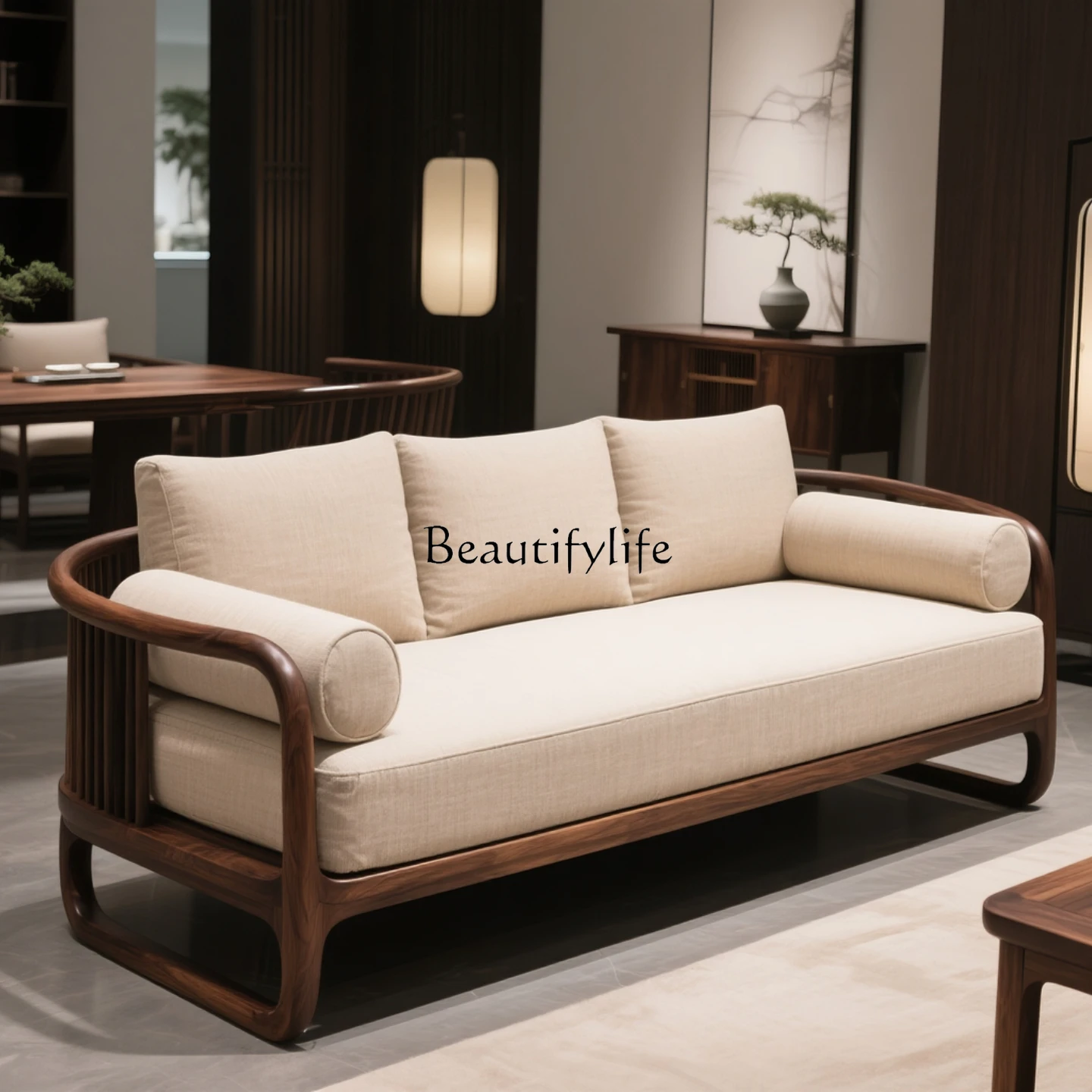 

New Chinese Solid Wood Sofa Zen Living Room Clubhouse Tea Room North American Black Walnut Sofa Bed
