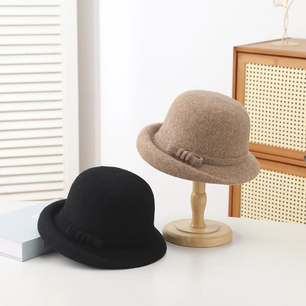 New Model Curled Edge Retro Bow Fisherman Caps Woman's Autumn And Winter Fashionable Tidal Current Versatile Basin Hats