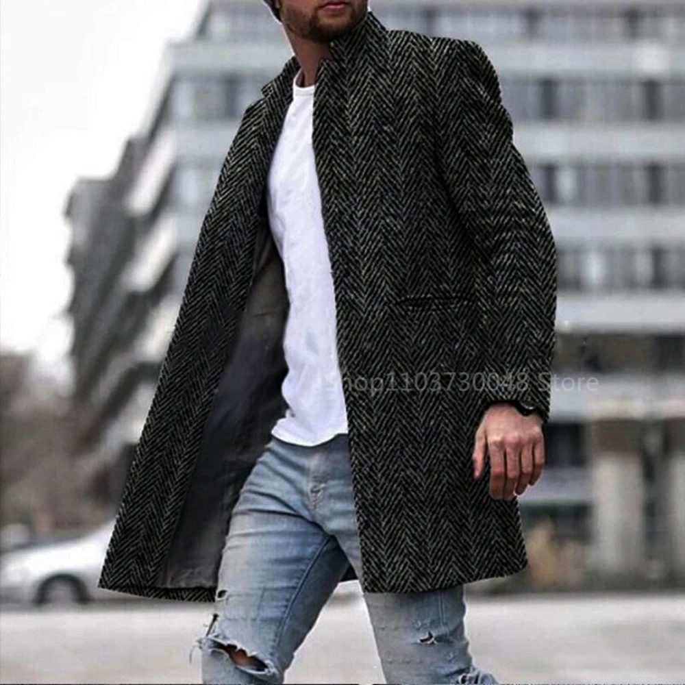 Black Wool Tweed Winter Suit Blazer Single Breasted Jacket Formal Fashion Notch Lapel Herringbone Long Coat for Wedding/Business