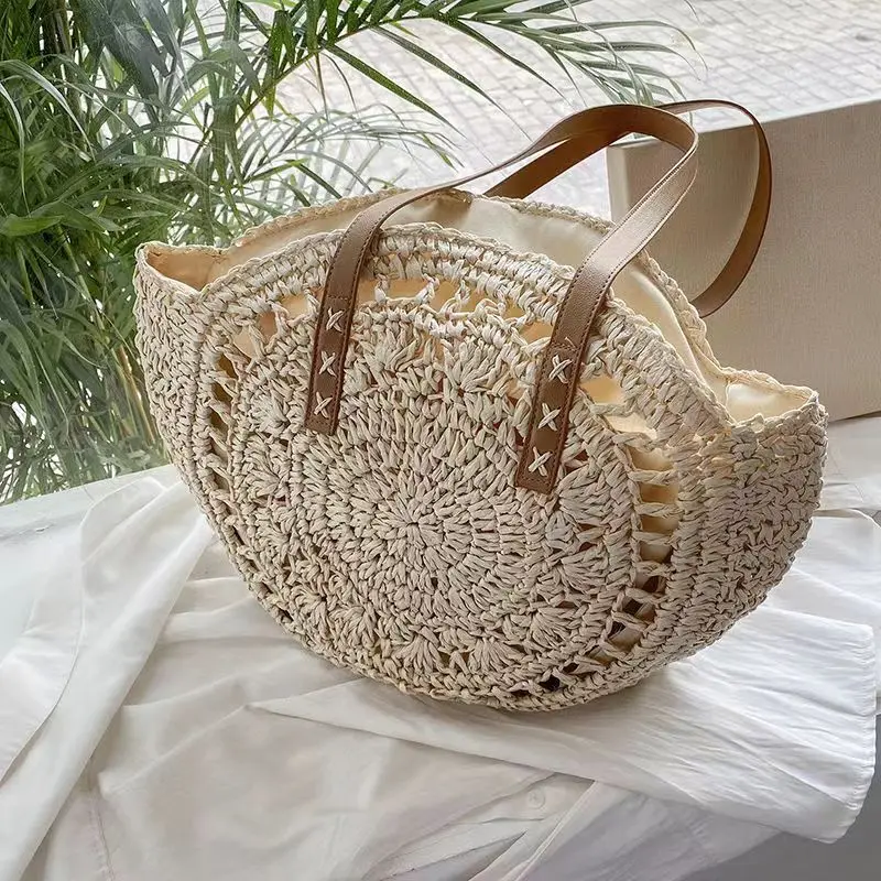 Sac de plage en raphia tissé à la main, sacoche ronde vintage en rotin, fourre-tout bohème décontracté pour vacances d\'été