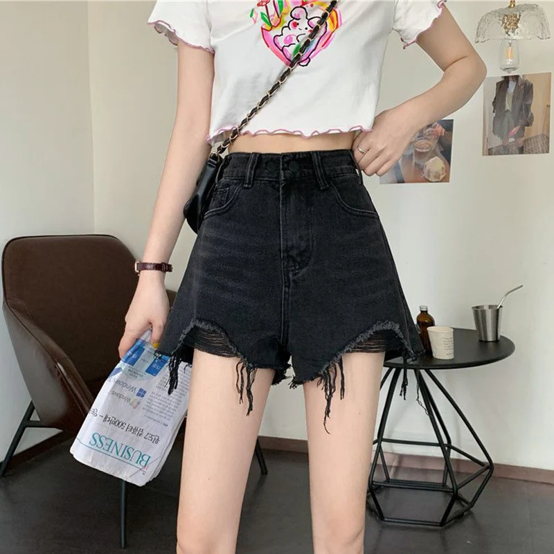 

Summer Lady Ripped Raw Edge Designer Jeans Women Double Button High Waist Short Pants Girls Korean Fashion Denim Shorts