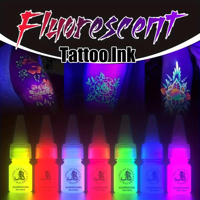 Luminous Fluorescent Tattoo Ink Set 7pcs 10ml Bright Glow Dark Pigment Inks Halloween Temporary Body Art Pigment Supplies
