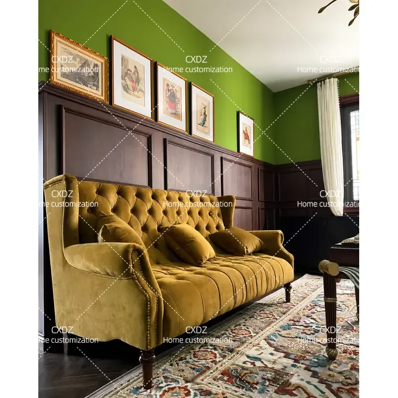 American Medieval Style Retro High Back Double Sofa Yellow Velvet Tufted Couch for Small Apartment Living Room Cafe Decor