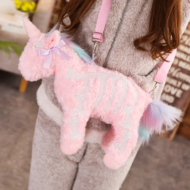 Mochila de unicornio de 40CM, bolso cruzado de peluche con esqueleto de caballo volador, gótico, Rock, rosa, regalo de alta calidad para amigos