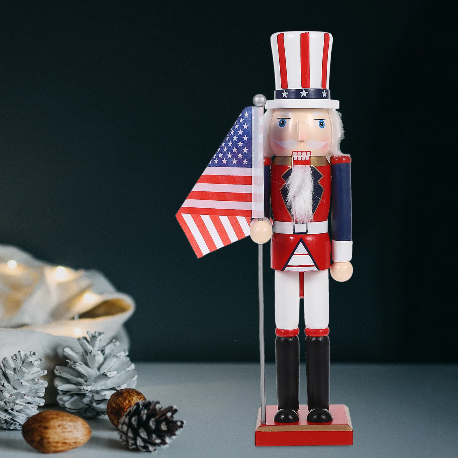 

38cm Traditional Wooden Nutcracker Soldier with Usa Flag Festive Christmas Decor for Shelves and Tables Patriotic Pride