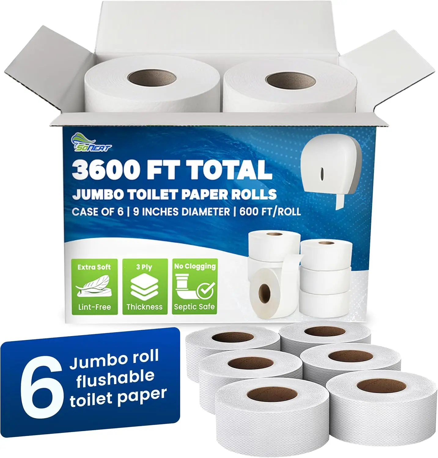 

Commercial Jumbo Toilet Paper Rolls 600ft 3-Ply 9" for Standard Dispenser, 6-Pack Bulk