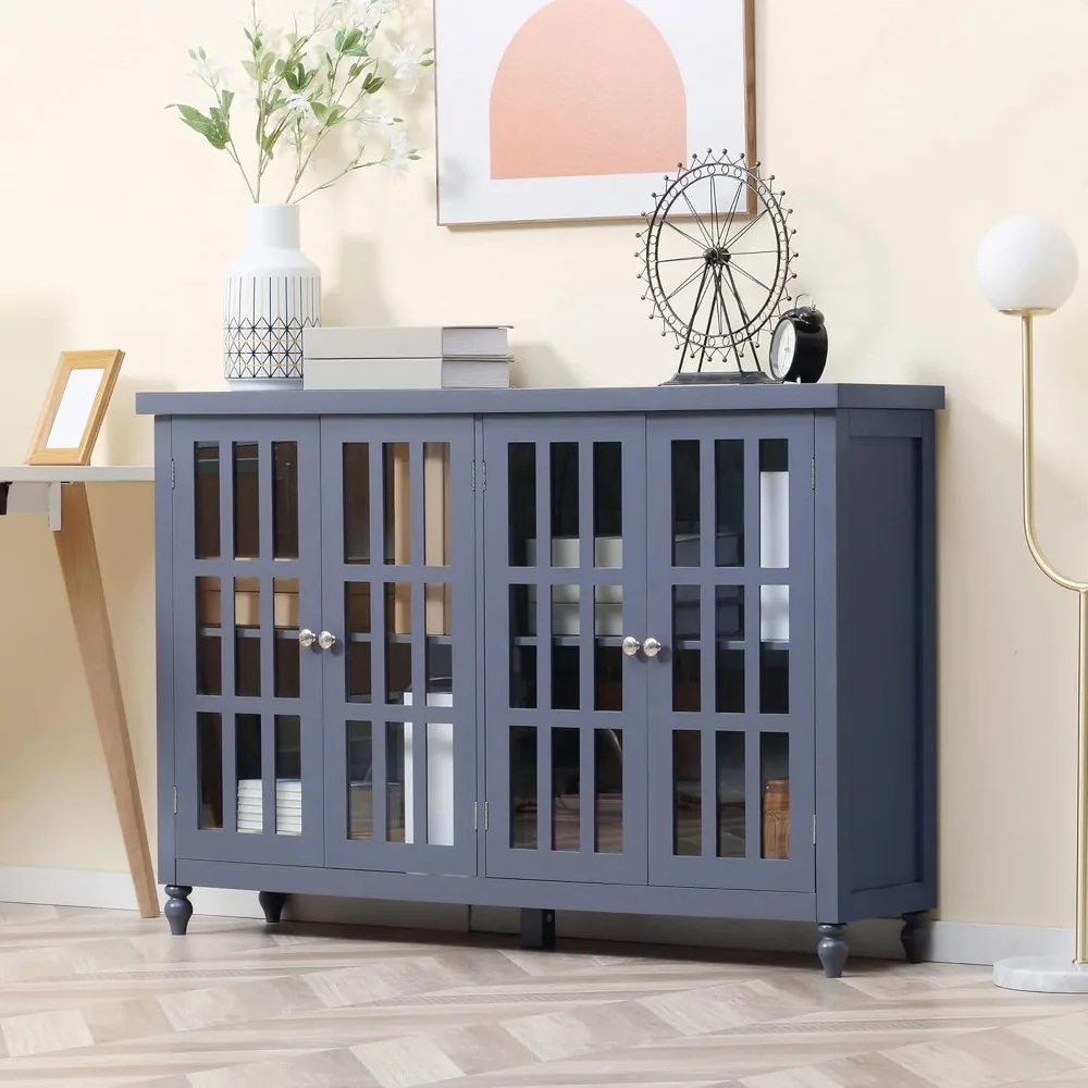 Sideboard, Buffet Cabinet with 4 Tempered Glass Doors, Stripe Pattern and Adjustable Storage Shelf, Credenza, Gray