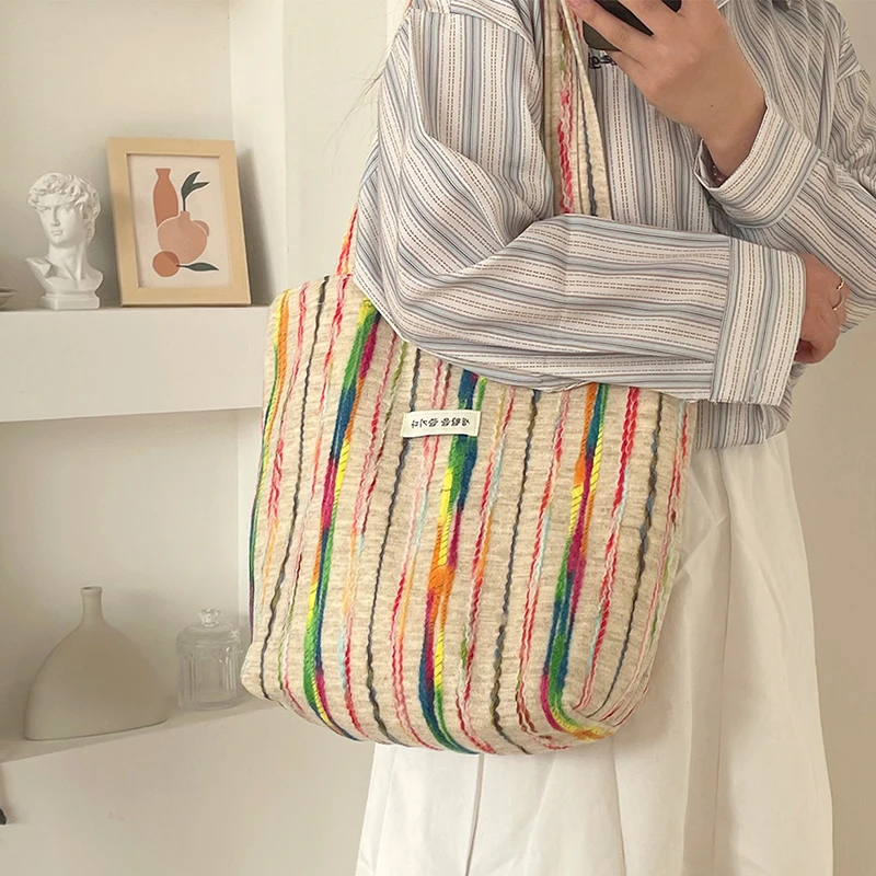 New Women\'s Bag RainbowStripes Tote Bag Commuting Shoulder Bag Leisure Simple Go Out Bag Large Capacity Woolen Handbag