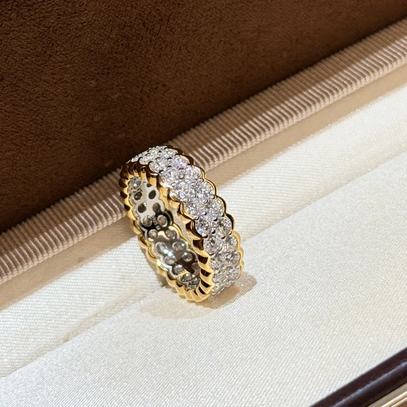 

Bellux S925 sterling silver ring double row diamonds round gold wavy edge fashion shiny rings