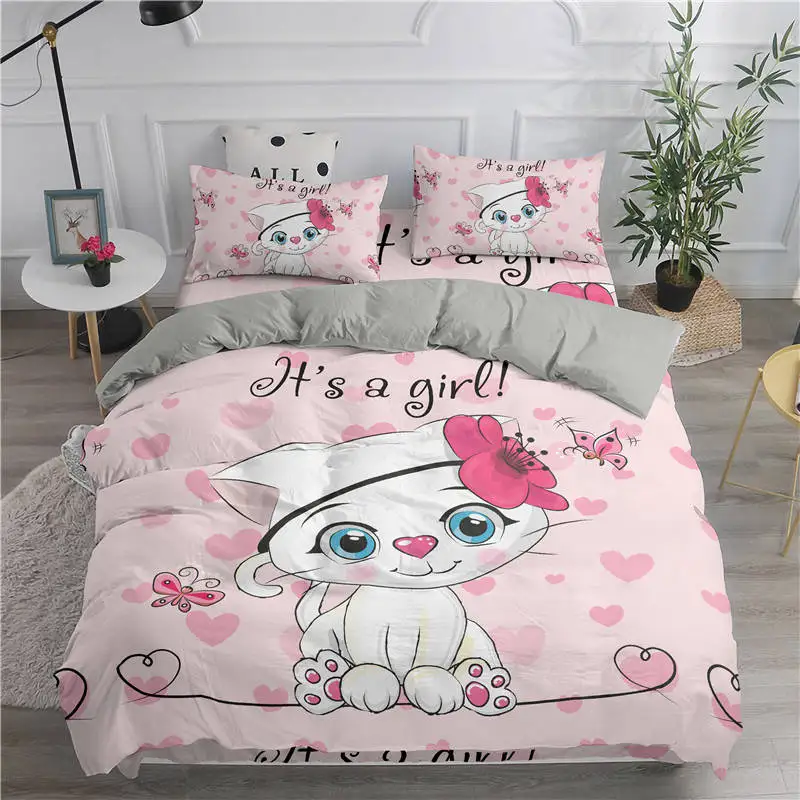 Cartoon Bedding Set Cute Cats Printed 3D Duvet Cover Set Twin Full Queen King Double Sizes Pillowcase Bedclothes Soft Polyester