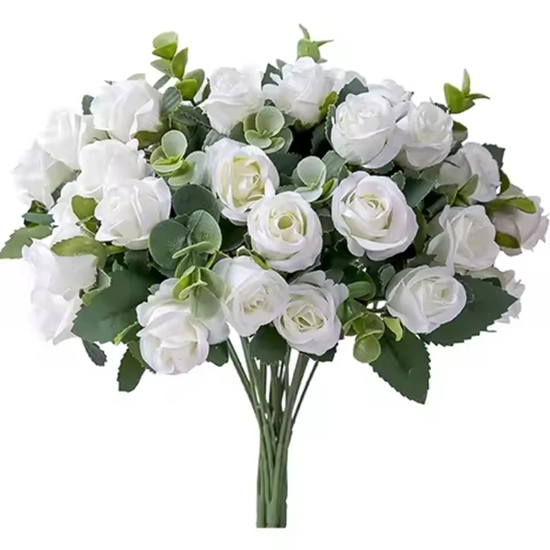 Künstliche Blumen Vase für Heimdekoration, Outdoor, Garten, Festival, Eukalyptusblätter, künstliche Pflanzen, Hochzeit, Party, Seidenrosen, Blumenstrauß