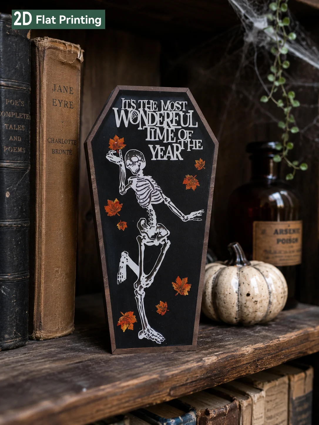 Halloween Coffin‑Shaped Table Sign, Dancing Skeleton & Moon Night Forest Print, Spooky Farmhouse Fall Home Mantel Shelf Ornament