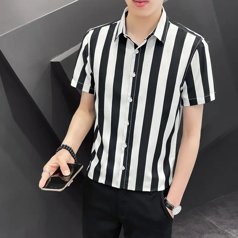 

2025 Men'S Short Sleeve Shirt Summer New Coarse Striped Short Sleeve Lapel Button-Up Shirt Oversized Loose Casual Clothing