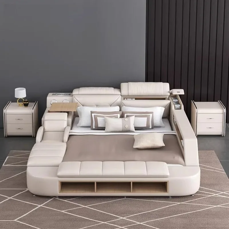 Modern Multifunctional Bed Frame with Side table Storage Drawers Smart Leather King Size double Bed for Bedroom massage chair