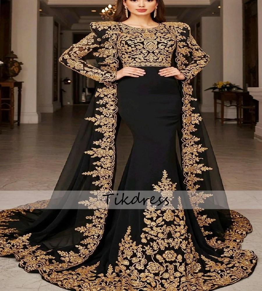 

Ближневосточное вечернее платье Абая, винтажное черное платье с длинным рукавом и золотым кружевом, платье для выпускного вечера Русалка, Дубай, марокканский кафтан, вечерние платья