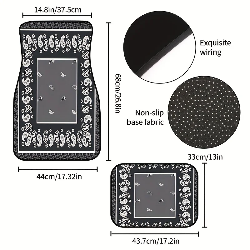 Taiji Cashew Flower Trendy Car Floor Mats 4pcs Set With Black And White Cool Patterns, Fully Enclosed, Infused With Trendy Genes