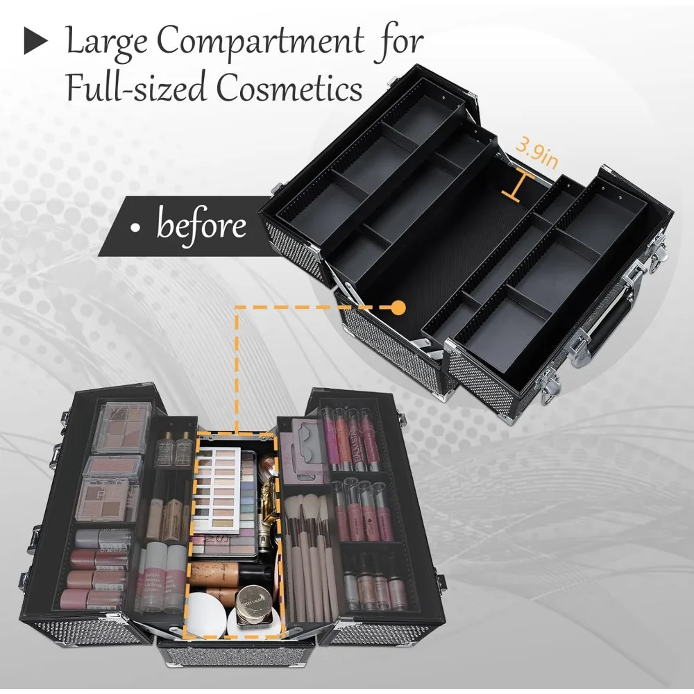 12.6 Inch Large Makeup Train Case with 4 Trays, Lockable Cosmetic Storage Organizer Box for Travel & Home Use