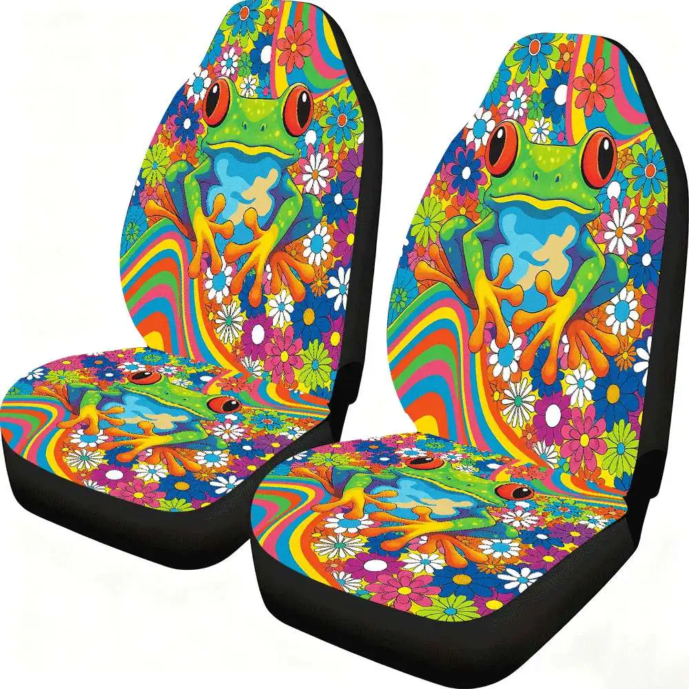 2pcs Psychedelic Frog & Retro Flower Car Seat Covers - High Back Design, Vibrant Multicolor (, Green, Yellow, Pink, Purple, Oran