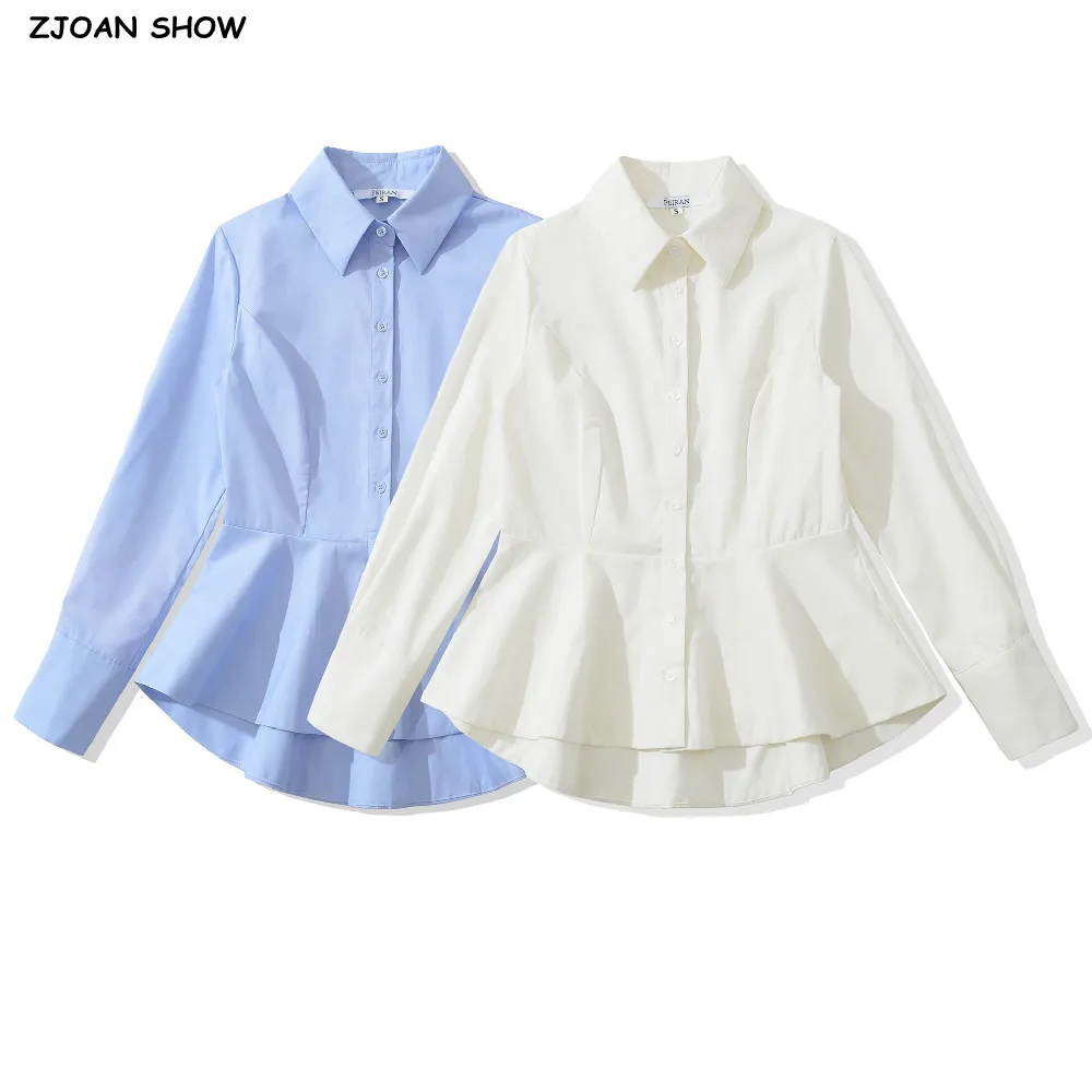 Stylish Women Light Blue Lapel Collar Long Sleeve Shirt Slim Waist Swing Hem Single-breasted Buttons Blouse Girl's Tops White
