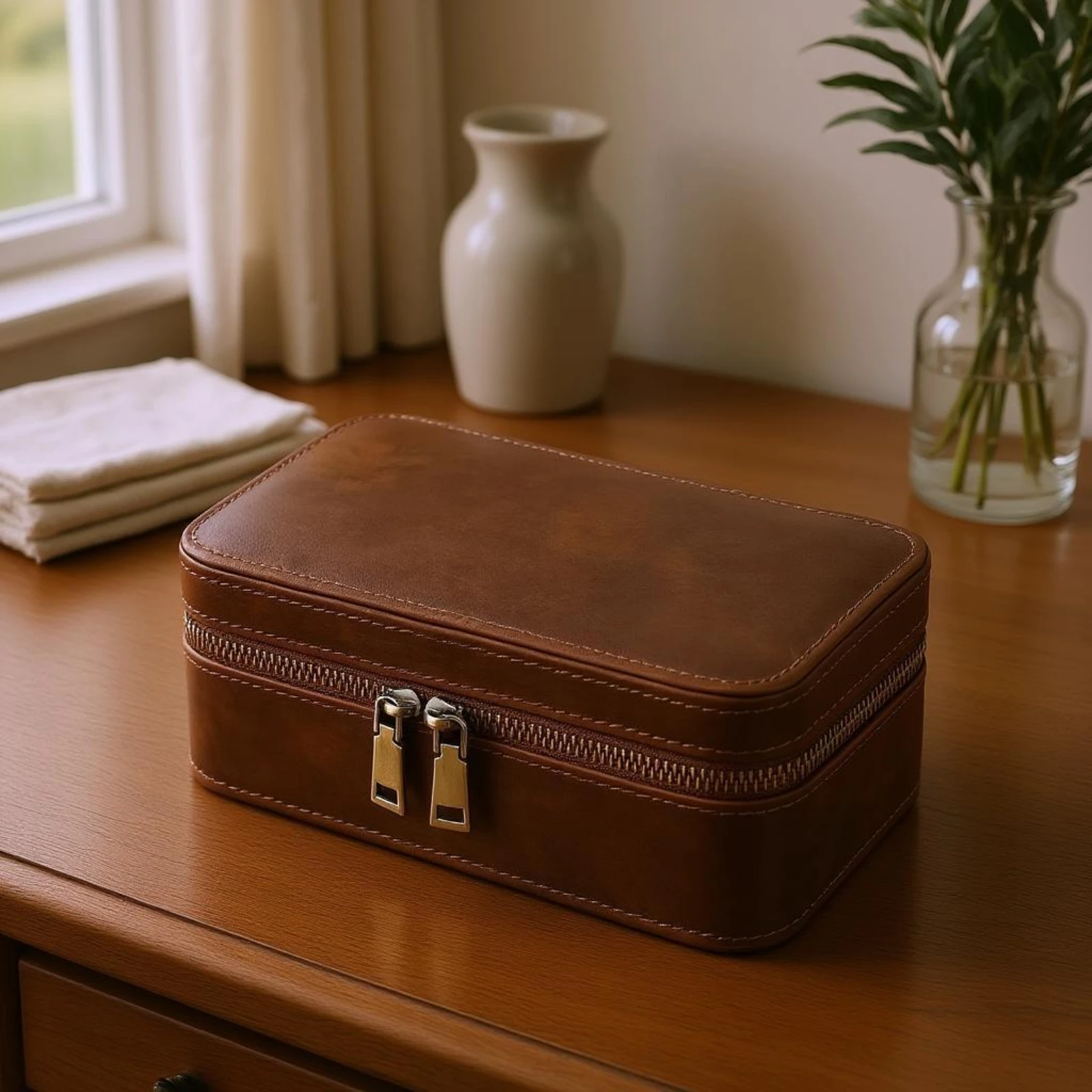 Zip-Around Watch Case Crazy-Horse Leather Watch Storage Box Jewelry Storage Box Vintage Design Hard Shell