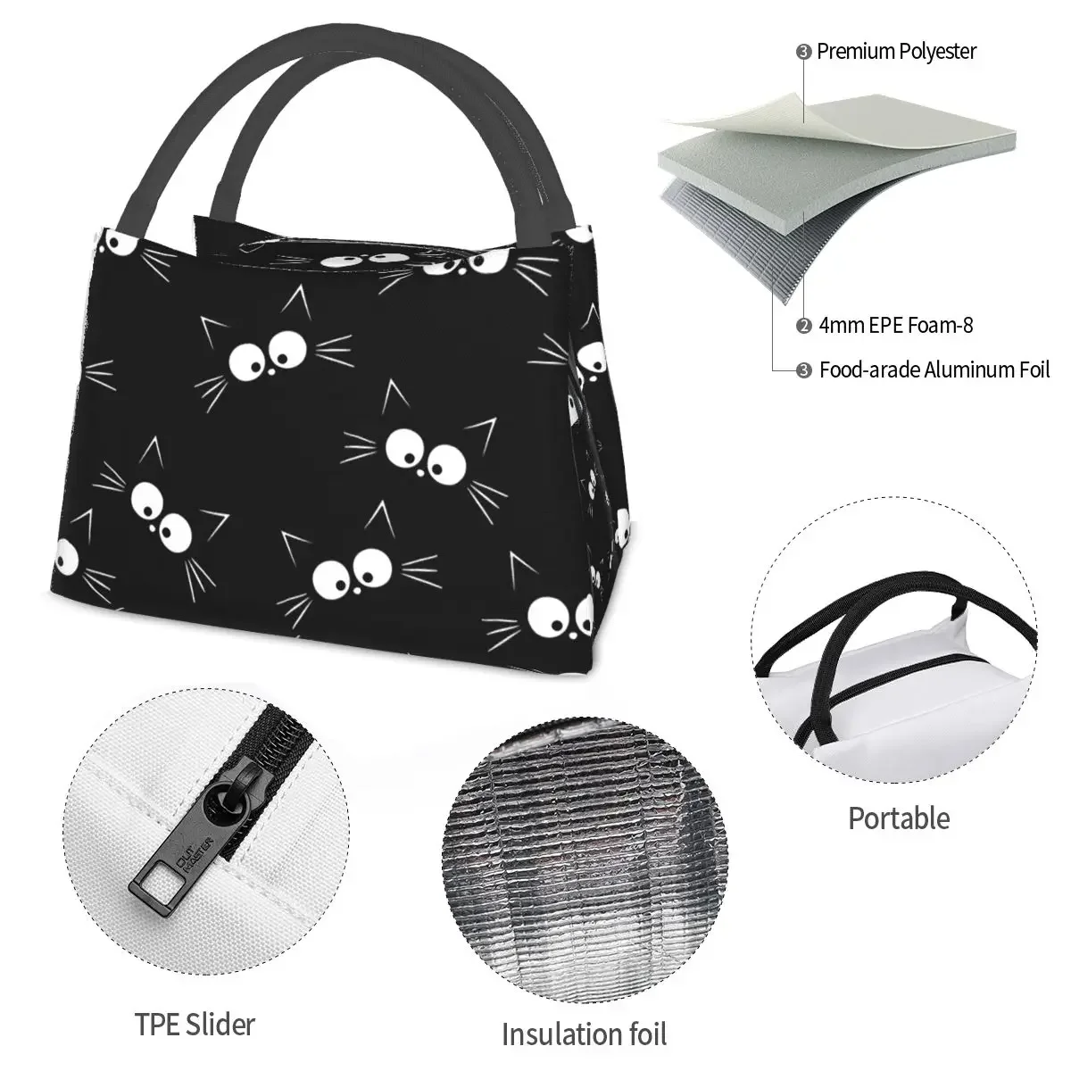 Cute Black Cat Pattern Lunch Bags Insulated Bento Box Leakproof Lunch Tote Picnic Bags Cooler Thermal Bag for Woman Girl Office