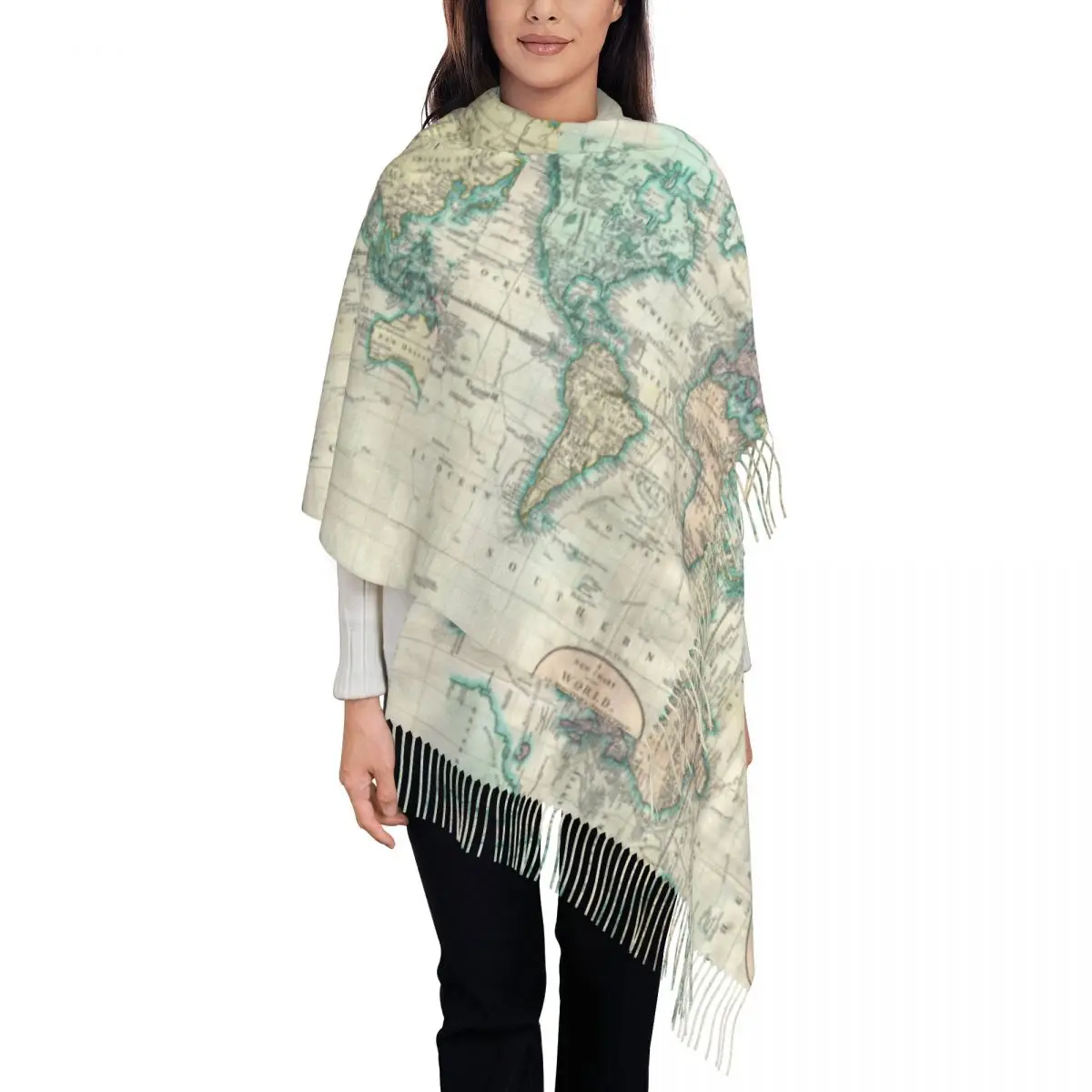 

Female Scarf Warm Soft Vintage Map Large Scarves with Long Tassel The World 1801 Print Casual Shawls and Wraps Designer Foulard