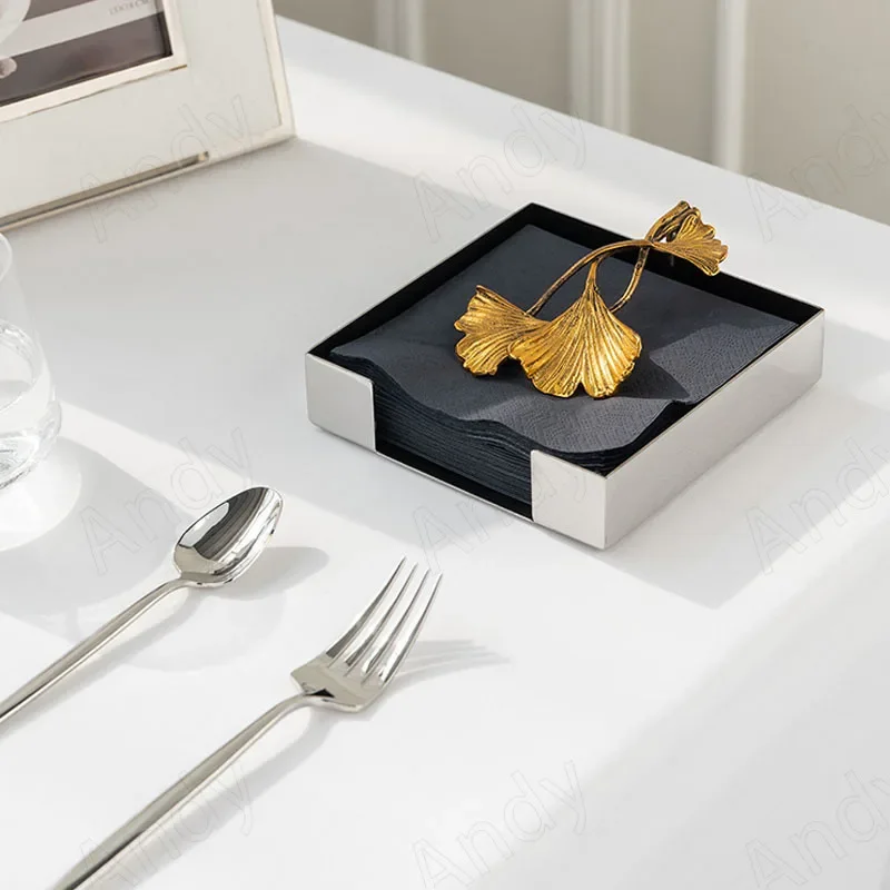 European Stainless Steel Tissue Box Brass Ginkgo Leaf Decor Hotel Table Napkin Holder Afternoon Tea Desktop Tissue Organizer