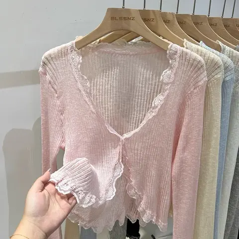 블루 레이스 트림 V넥 아이스 실크 니트 자외선 차단 오픈 가디건 여성 여름 숄 아우터 스트랩 얇은 탑 긴팔