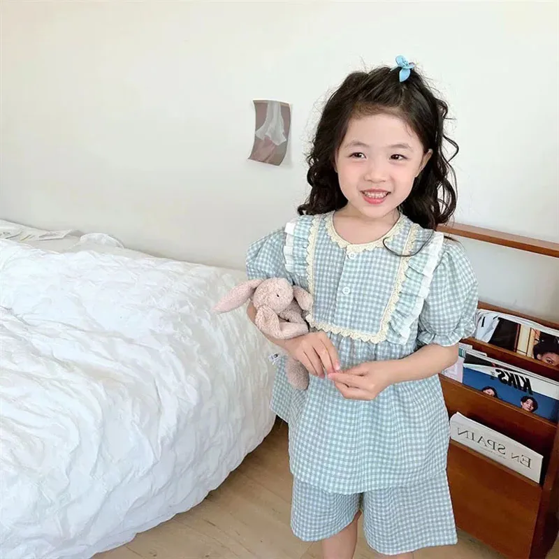 

Small Fresh Plaid Short Sleeves Shorts Pajama Set Summer Thin Cotton Girls' Pajamas Sweet Cute Puff Sleeve Children's Homewear