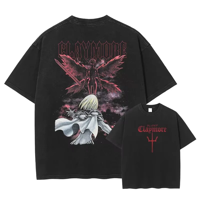 Anime Claymore Clare Miria Graphic T‑Shirt Vintage Washed Unisex Harajuku DTG Print Short Sleeve Cotton Streetwear Tops