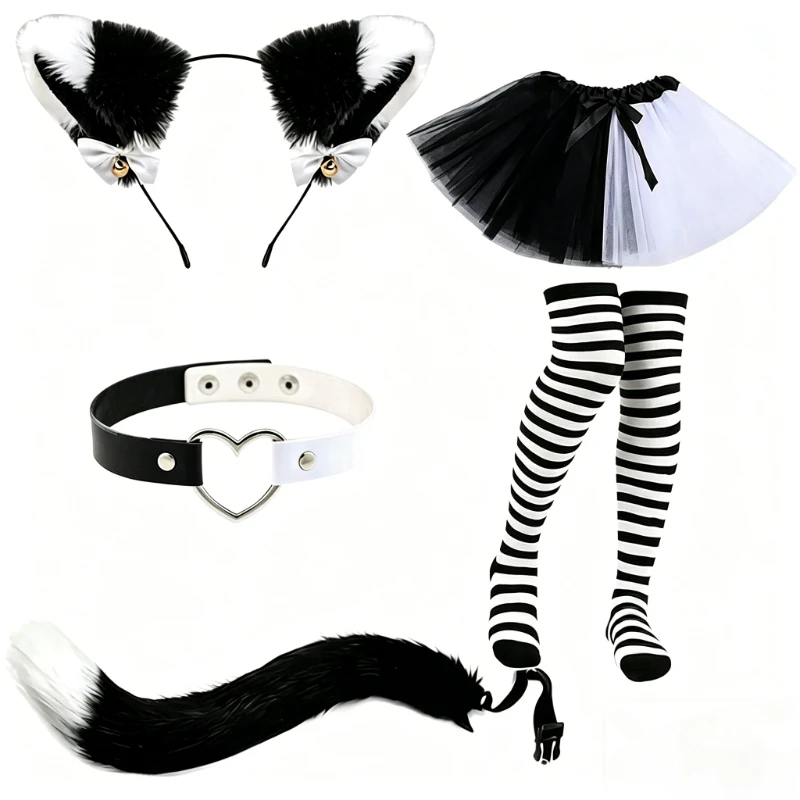 QQ Cat Cat Ear Bow Headband Necklace Claw Gloves Cosplay Plush Bell Women Girl Masquerade Party Black White Stripes Tail Socks - view 4
