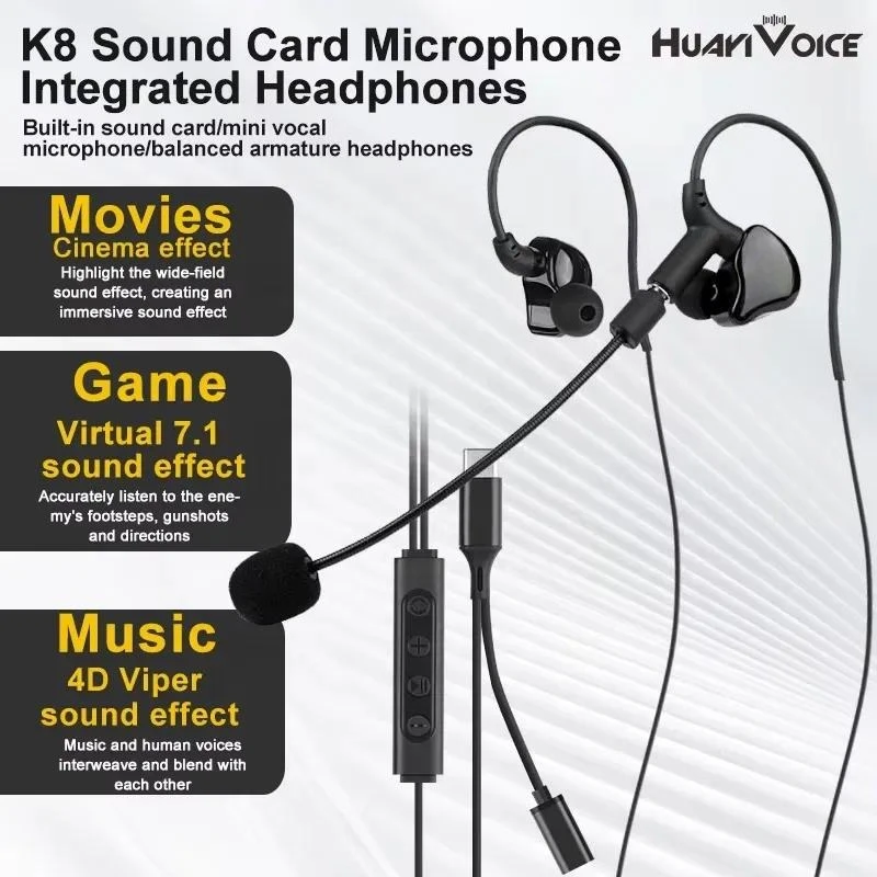 BOLRZO K8 sound card headphones with microphone, with a variety of special effects and noise reduction functions