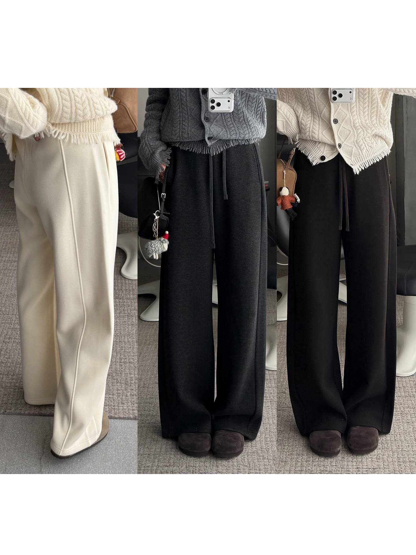 

Брюки прямого кроя с высокой талией, на шнурке, свободного кроя, на флисовой подкладке, из смесового шелка, однотонные, повседневные, осенне-зимние, новинка