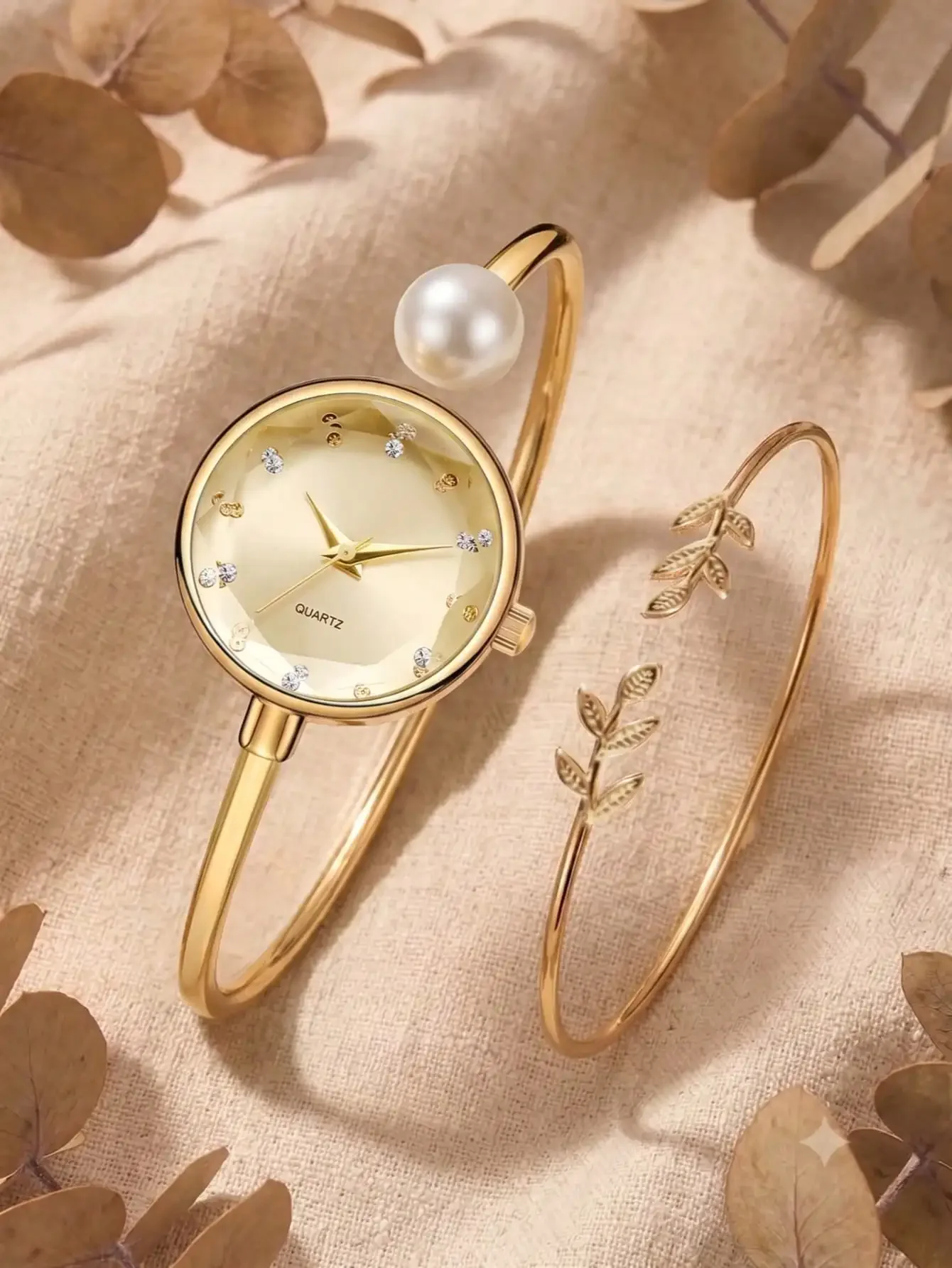Women 2Pcs Gold Bangle Watch Set Pearl Cuff Quartz Wrist Watch Leaf Bracelet, Boxes Not Included