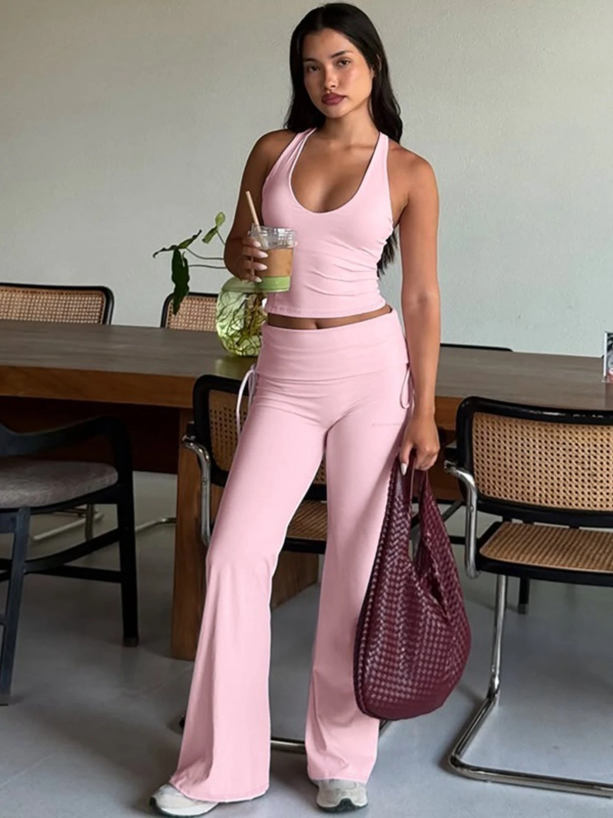 

SsTss женский повседневный розовый спортивный костюм из 2 предметов, летний сексуальный тонкий укороченный жилет без рукавов + длинные брючные брюки-клеш с рюшами на шнурке, костюмы