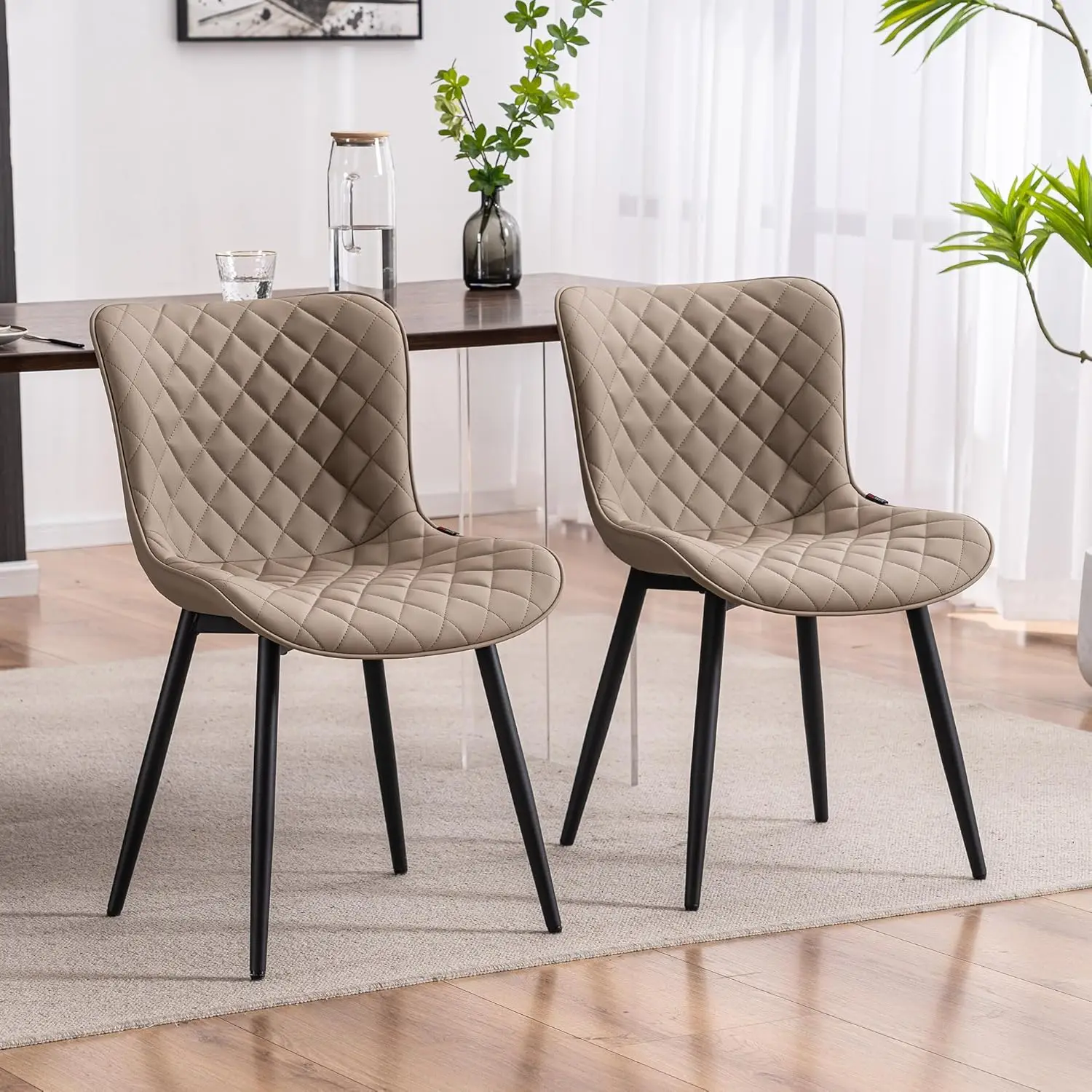 Khaki Dining Chairs Set of 2 Mid Century Modern PU Leather Diamond Upholstered Accent Guest Dinner Chair with Back Metal Legs