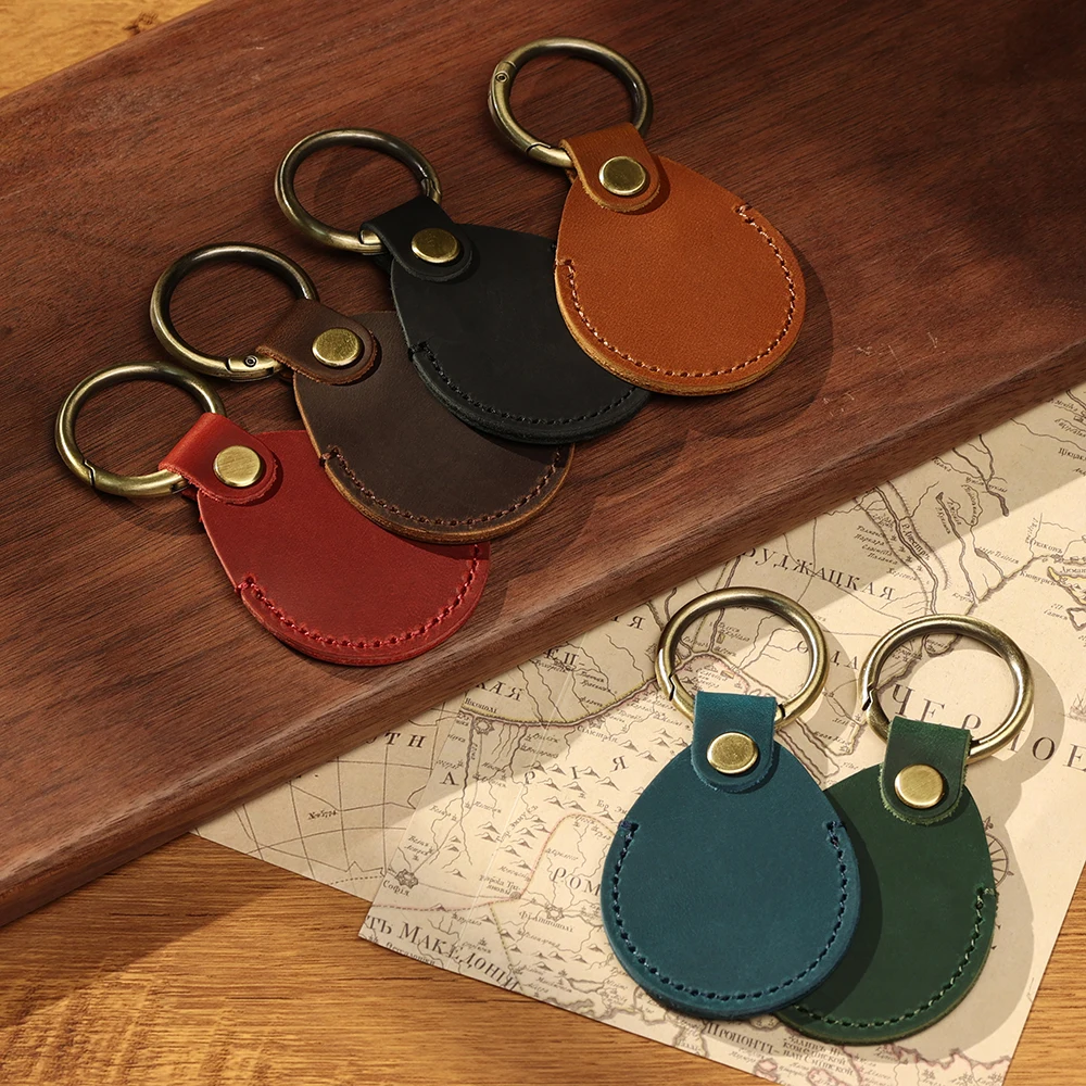 Retro Genuine Leather Case For Airtag Cowhide Anti-lost Protective Case For Airtags Use For Pet Collar Kid Bag Keychain