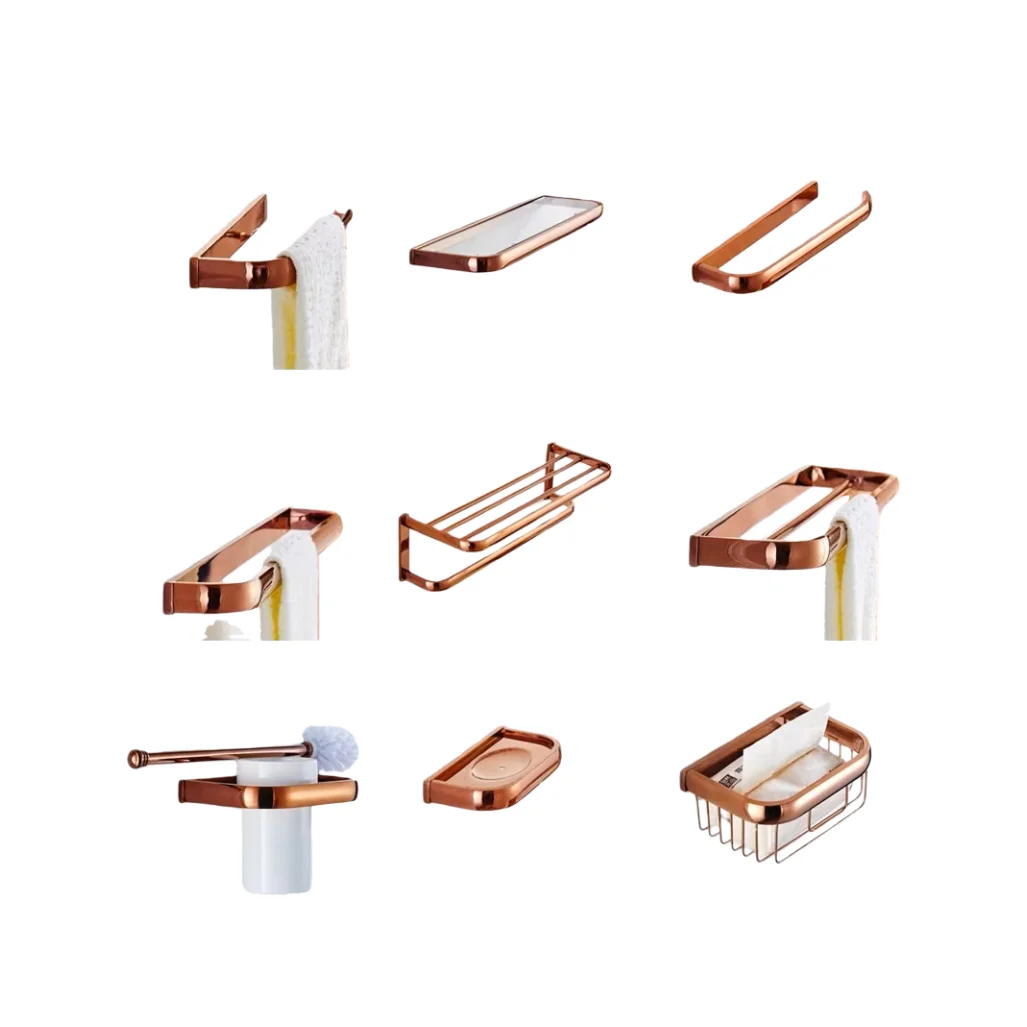 

Набор аксессуаров для ванной MTTUZK из латуни цвета розового золота: держатель для туалетной бумаги, вешалка для полотенец, мыльница, полка для полотенец, крючок для халата, подставка для щеток, комплект сантехники для ванной