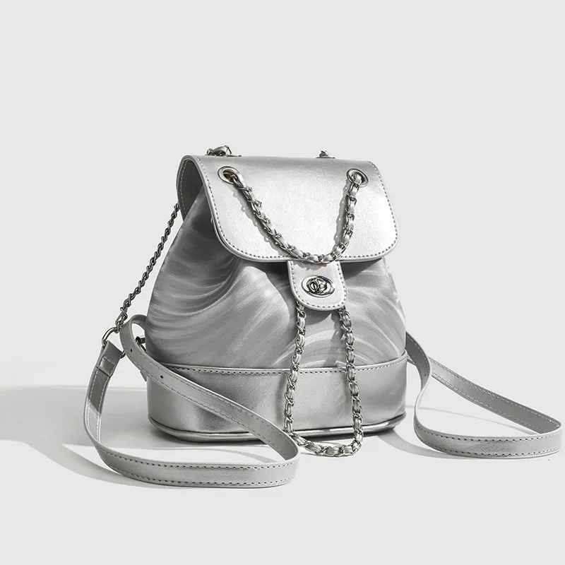 

Silver Backpack for Women New Summer Korean Niche Design Water Ripple Versatile Chain School Bag for Female College Students