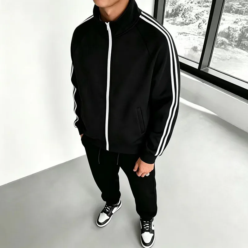 Men Stand Collar Zip Up Track Jacket 2 Stripes Raglan Sleeve Casual Sports Outerwear Fitness Training Running Coat