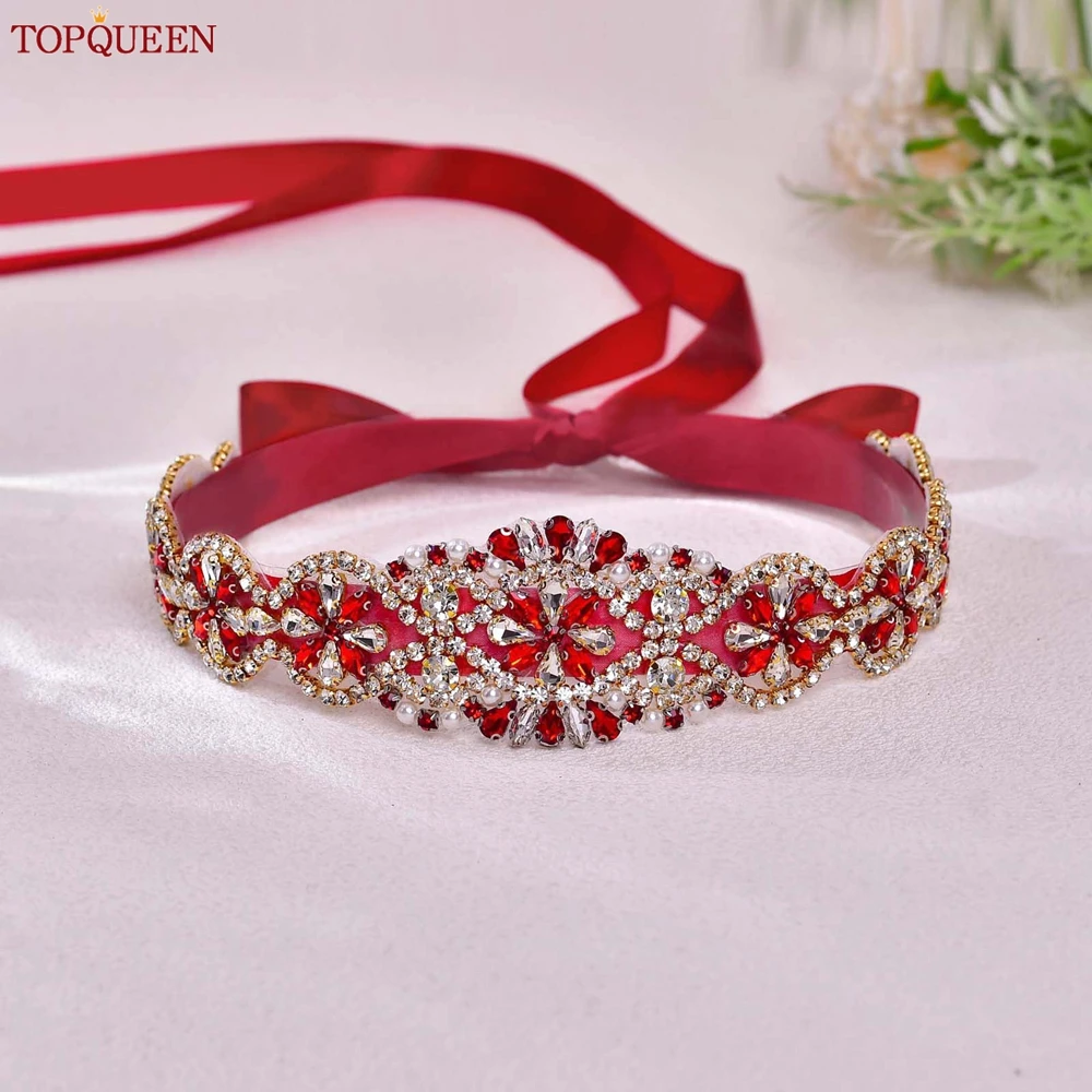 TOPQUEEN-Cinturón de boda de cristal con piedras preciosas rojas, faja de lujo hecha a mano con diamantes de imitación para mujer, vestidos de graduación color Burdeos, accesorios de cintura S161