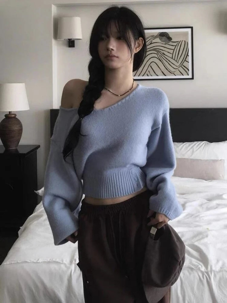 Y2k Aesthetic Irregular Skew Collar Sweaters Sexy Solid Grunge Harajuku Cropped Tops 2025 Autumn Fairy Loose Button Jumpers