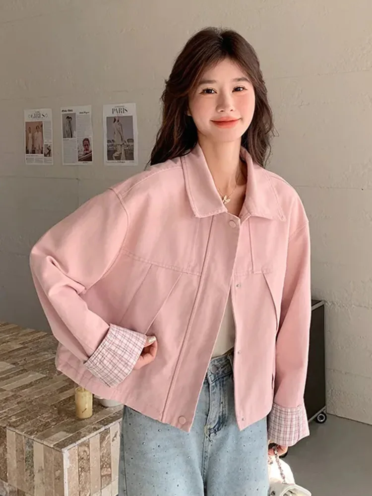 

Sweet Women Pink Cargo Jackets Loose Preppy Style Plaid Patchwork Vintage Cute Coats Korean Casual Long Sleeve Retro Outwear New