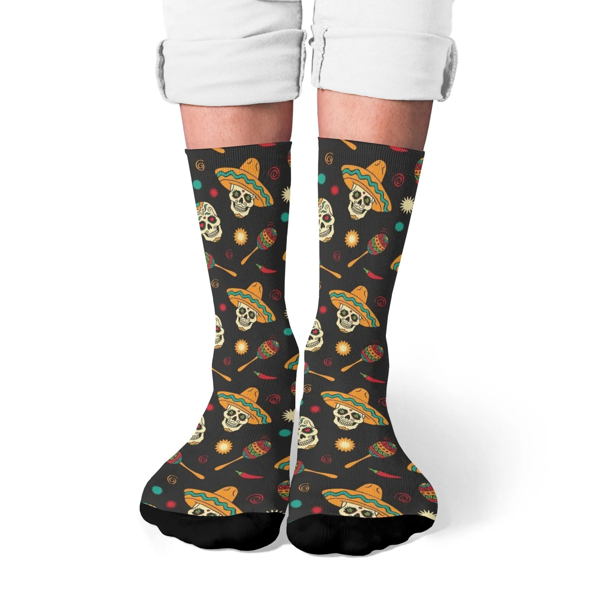 

Mexican Folk Compression Socks Skulls in Sombreros with Maracas & Peppers Pattern Print Soft Travel Outdoors & Festival Layers