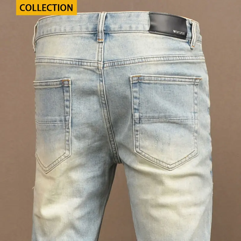 Calça lápis azul claro retrô masculina, jeans rasgado com ajuste magro e elástico, designer remendado, jeans hip-hop, moda de rua