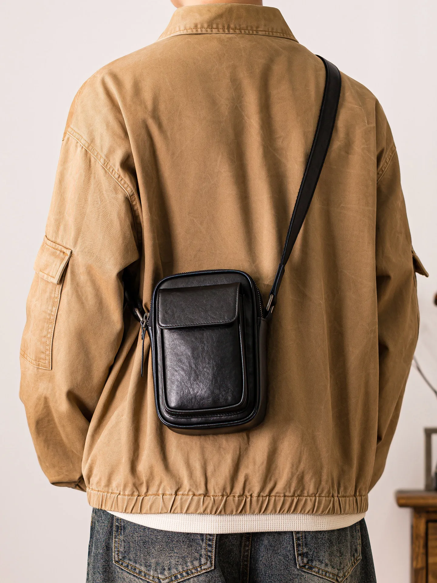 casual high quality genuine leather men's small phone shoulder bag outdoor daily travel real cow leather black crossbody bag