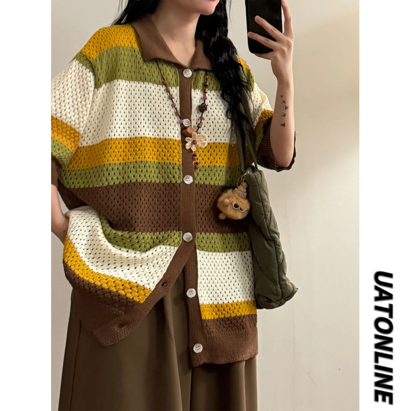 

UATONLINE2026 Летняя женская рубашка в американском ретро-стиле с полосками, ажурная вязаная, свободного кроя, с коротким рукавом, дышащая, в уличном стиле