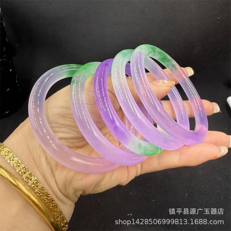 

Quartzite Spring Color Green Jade Violet Floating Flower Women's Round Bar Beauty Bracelet