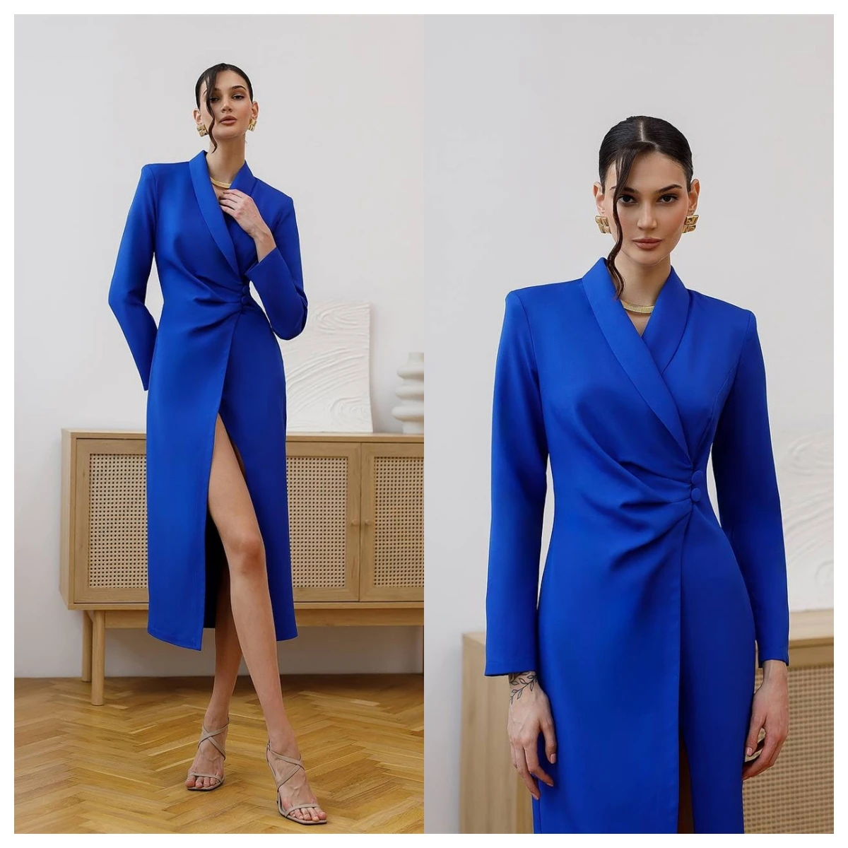 

Customized Temperament Blue Jersey Evening Dress V-Neck Long Sleeves Celebrity Gowns Bespoke Occasion Gowns Buttons Formal