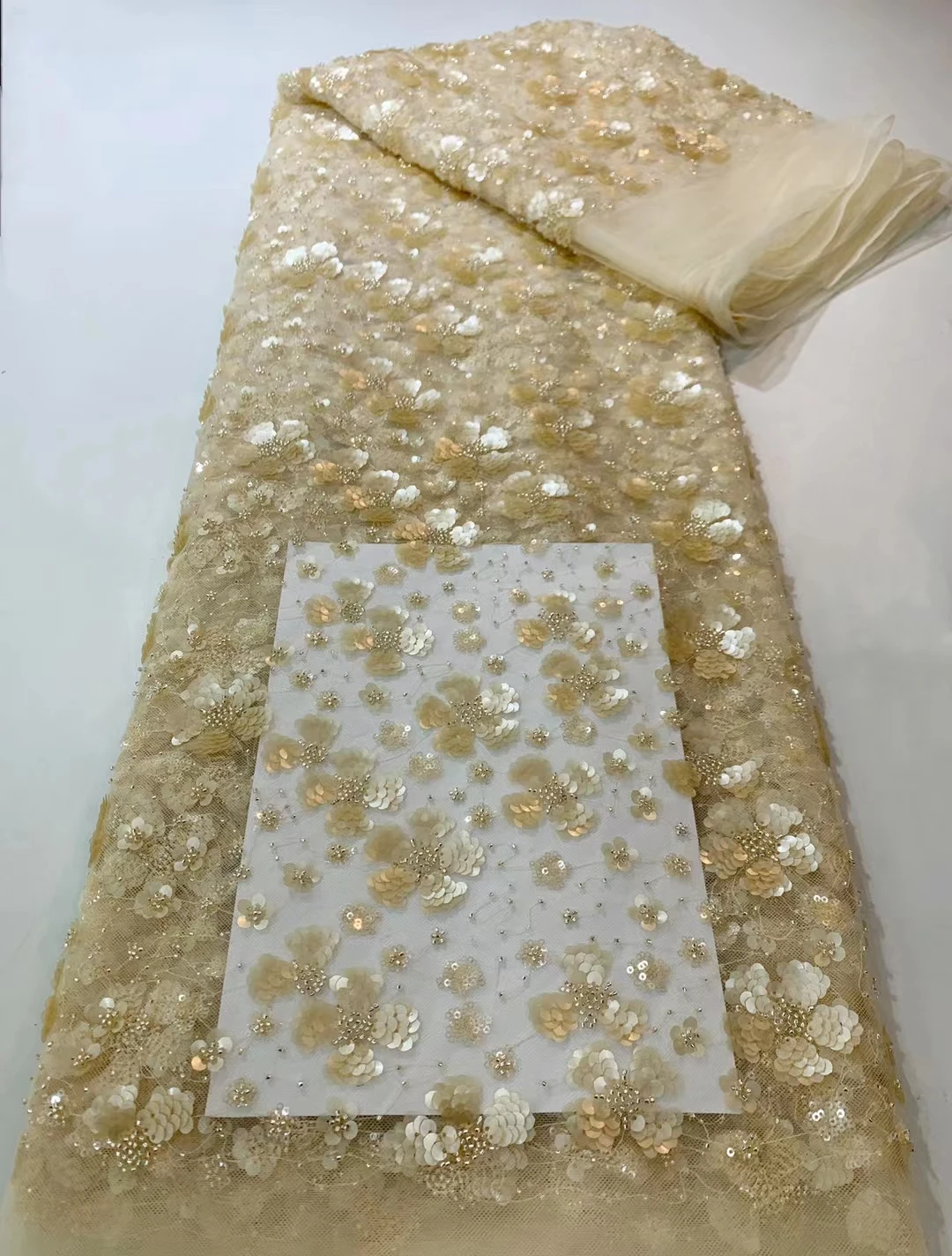 

Gold 3D Flowers Sequins French Lace Fabric 2023 High Quality African Tube Beads Nigerian Lace Fabric For Party Dress KHD23153